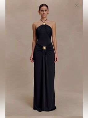 Meshki Black Halter Maxi Dress with Gold Accents